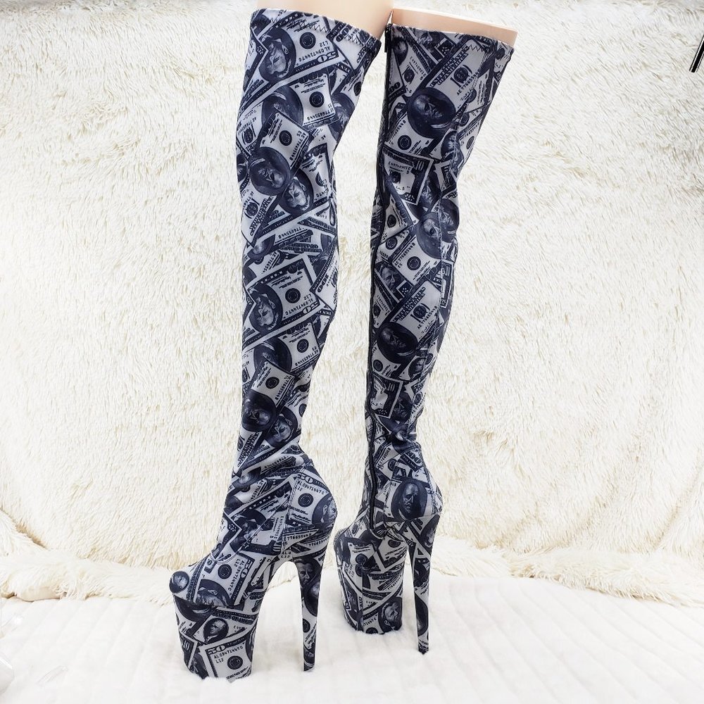 Dollar Money Print Stretch Thigh High 8 Heel Boots